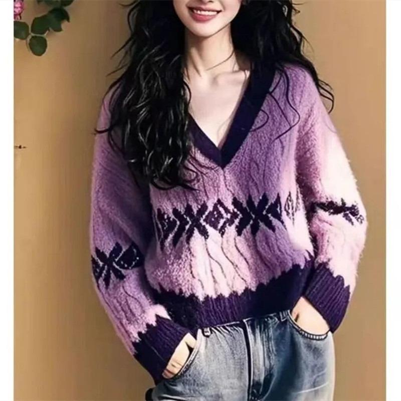 Korean Style Autumn and Winter Loose and Lazy Style New Sweater V-neck Color Block High-end Knitwear for Women