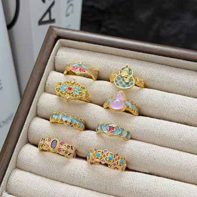 Medieval Vintage Court Style Enamel Gradual Change Opening Ring Gourd Light Luxury Flower Niche High Sense Ring