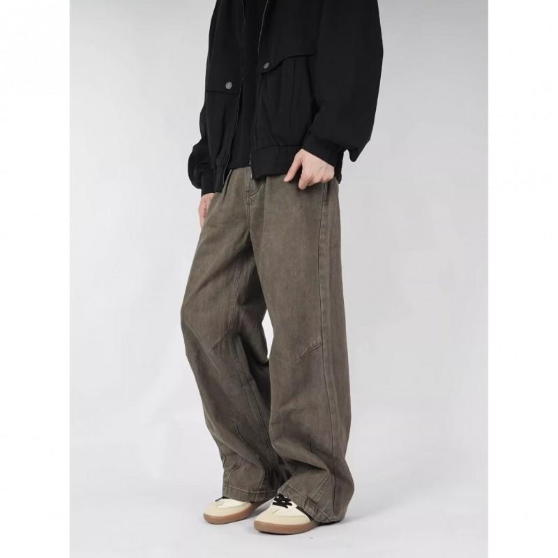Men Women Straight Fit Cargo Jeans Brown Patchwork Vintage Washed Denim Pants Streetwear Casual Trousers