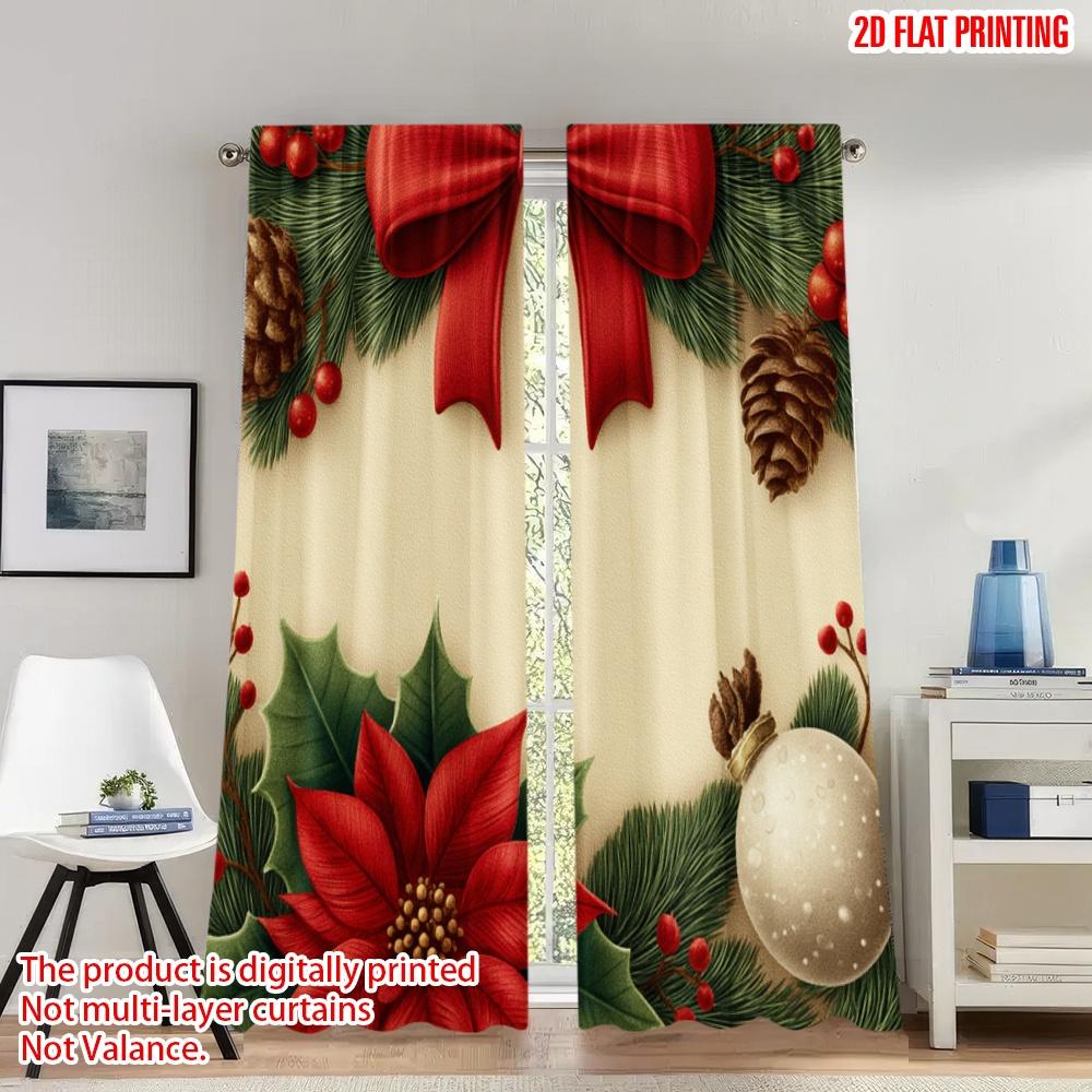 

Set Of 2 Flat Printing Popular Christmas Curtains Poinsettia Holly Bow Digital Printed Polyester Drapes Family Party Made W100*H70(CM)-Grommet top&2PCS