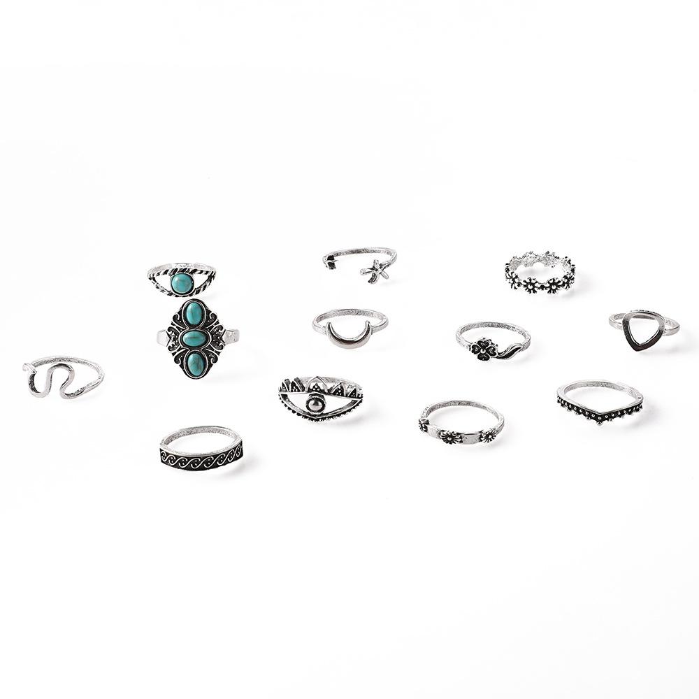 Ring Vintage Turquoise Crescent Carving Hollow 12 Piece Set Ring Women