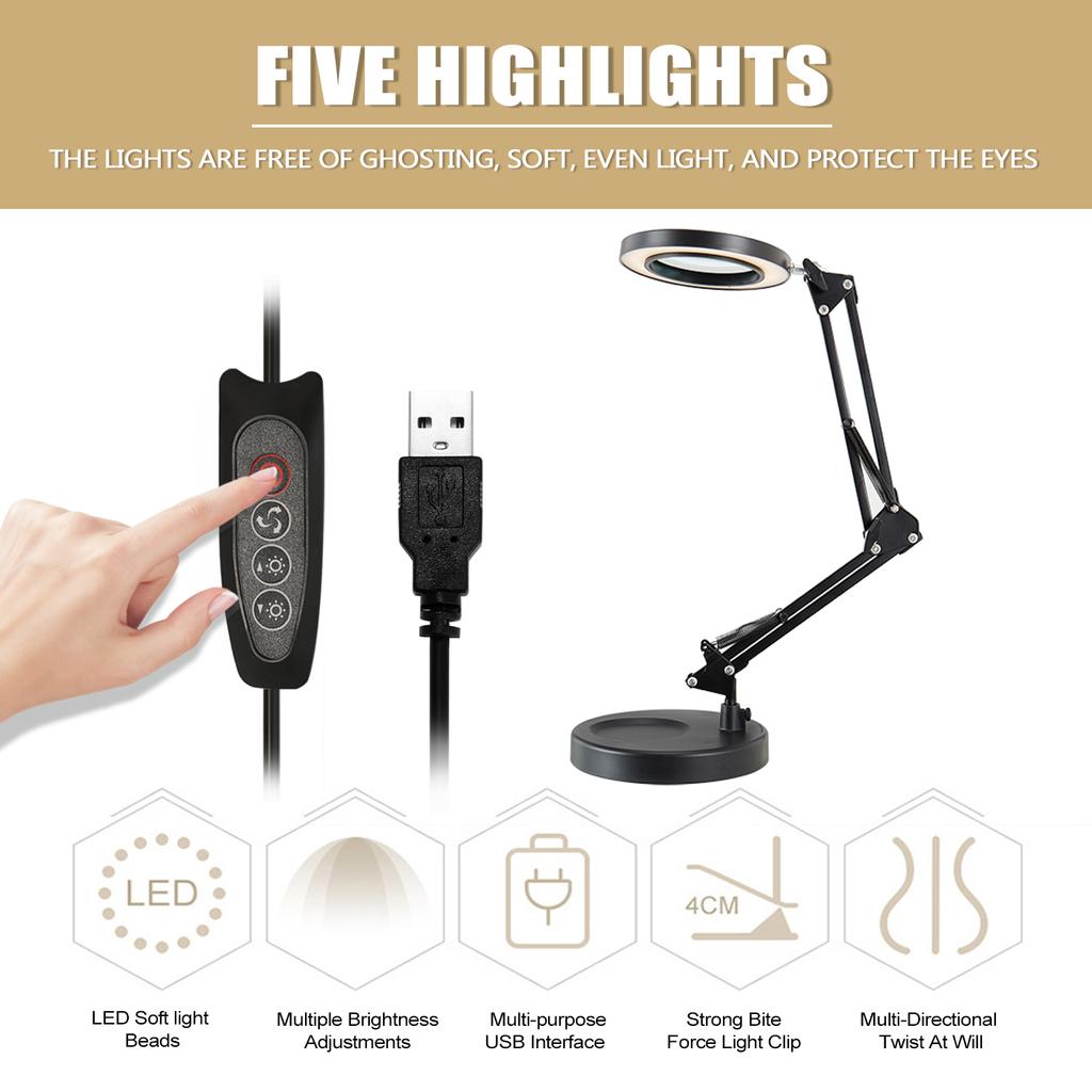5X Lupe Schreibtischlampe Vergrößerungsglas LED-Licht Faltbare Leselampe mit drei Dimmmodi USB-Stromversorgung