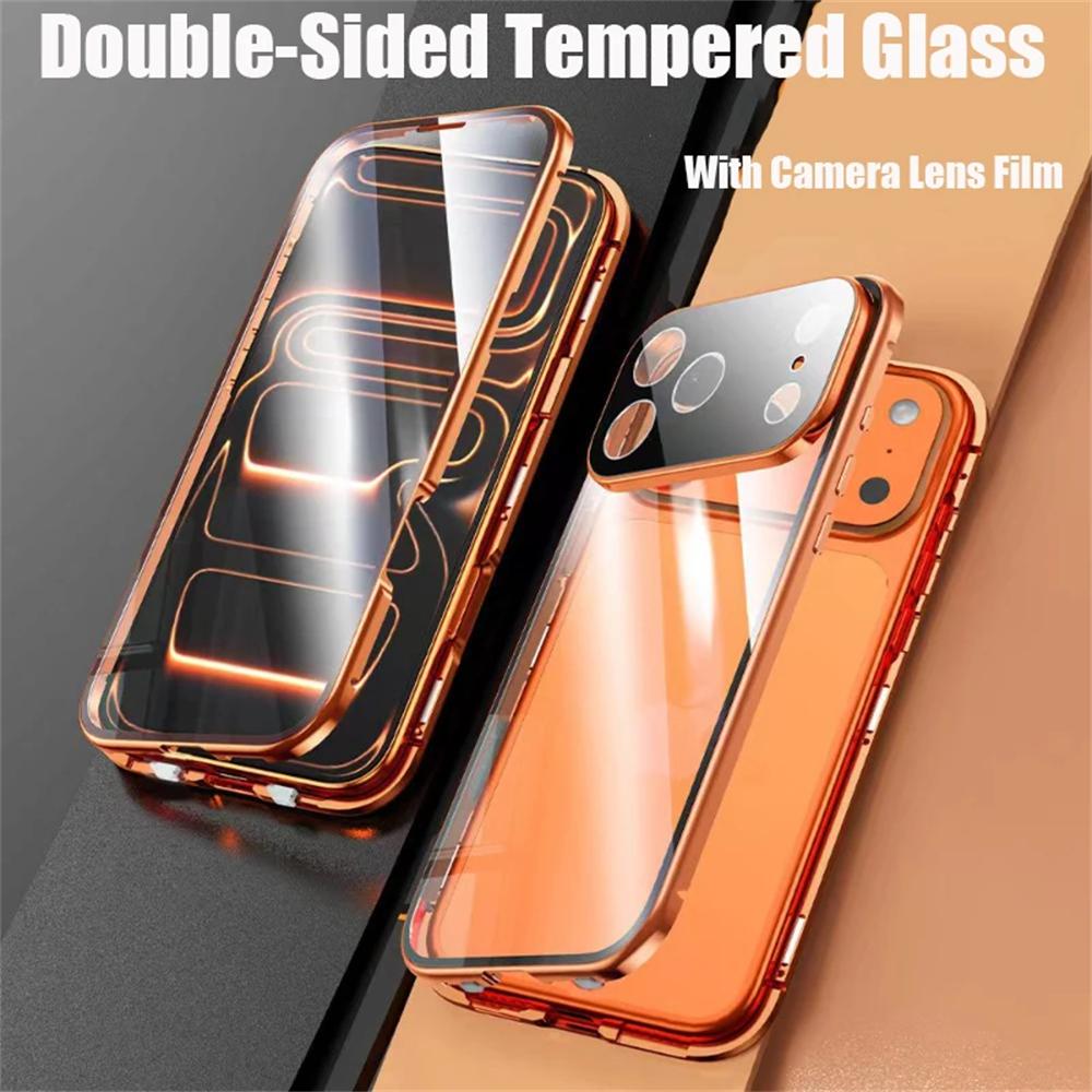 360 Full Protection Metal Magnetic Double-Sided Glass Snap Lock Phone Case For iPhone 17 Air 16 15 14 13 12 11 Pro Max Lens Protection Cover