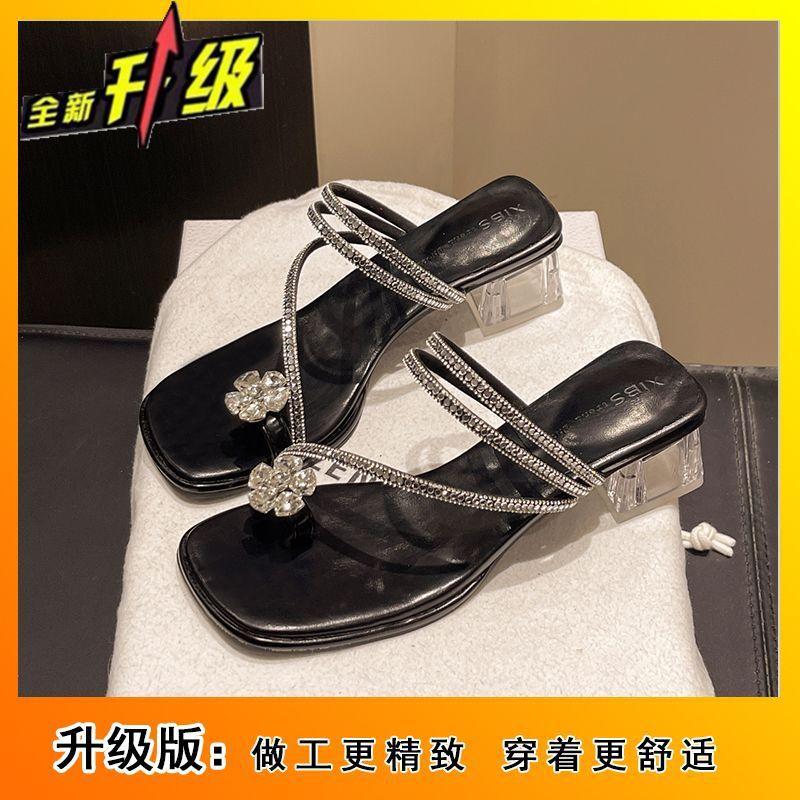 2025 new rhinestone thick heel sandals women's summer wear fashion fairy style with skirt medium heel beautiful slippers women