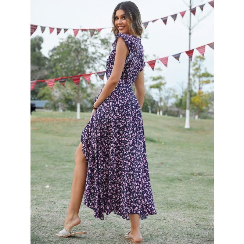 YYFS Dámská móda Léto Jaro Květinový potisk Neformální šaty s krátkým rukávem a výstřihem do V s vysokým pasem