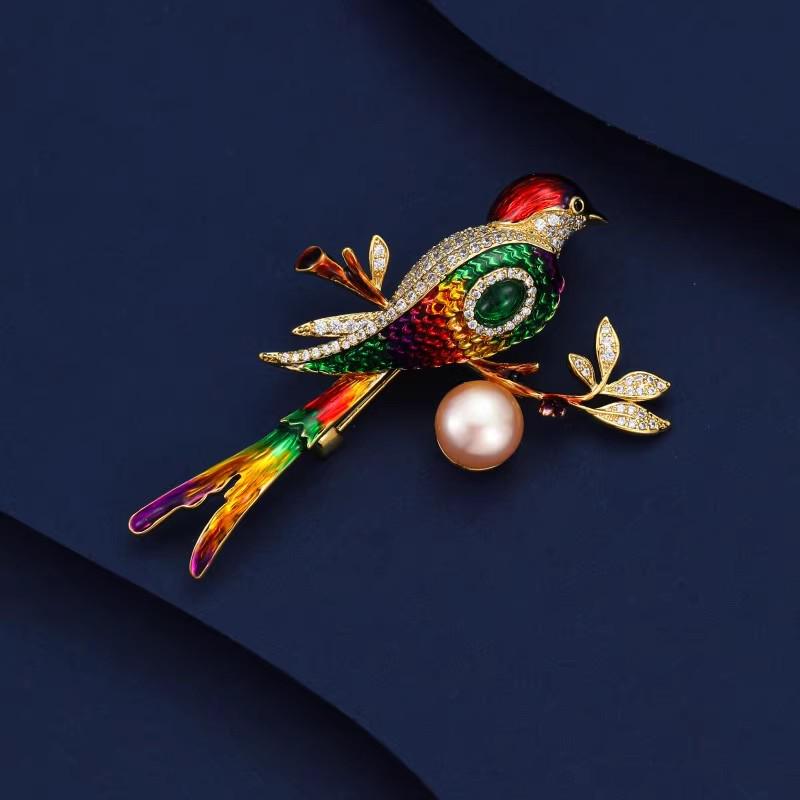 Elegant Chinese Style Colorful Magpie Pearl Brooch - Unique Women's Niche Design Pin Accessory