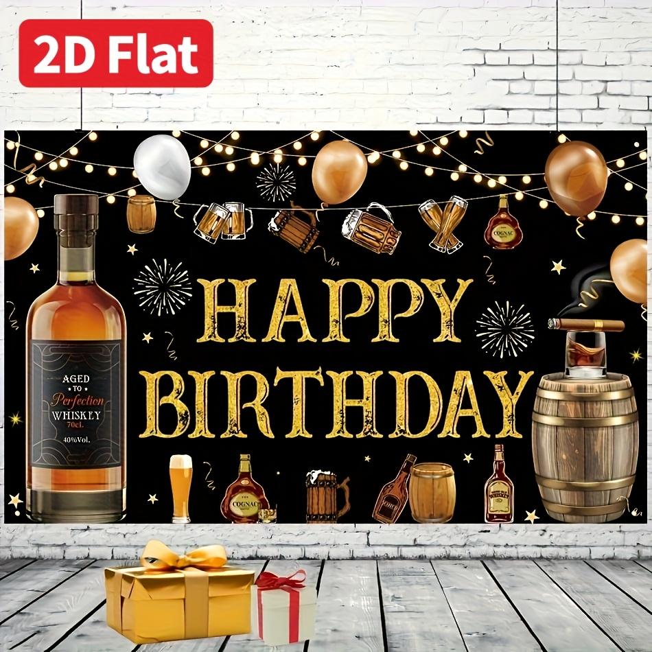 Bannière plate 2D, 1 pièce de décoration de fond pour une fête d'anniversaire whisky, bannière d'anniversaire homme rétro noir et or DJH