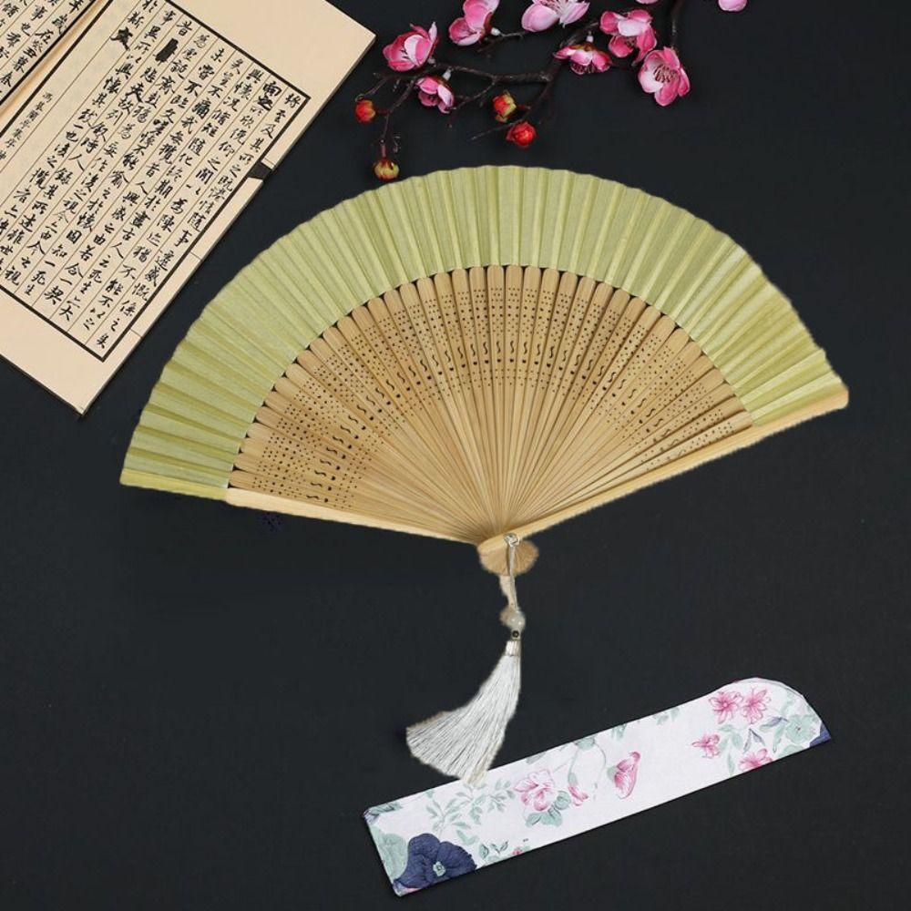 Antique Silk Fan Carved Handle Bamboo Folding Fan Handhold Vintage Chinese Fan with Tassel Dance Fan Summer