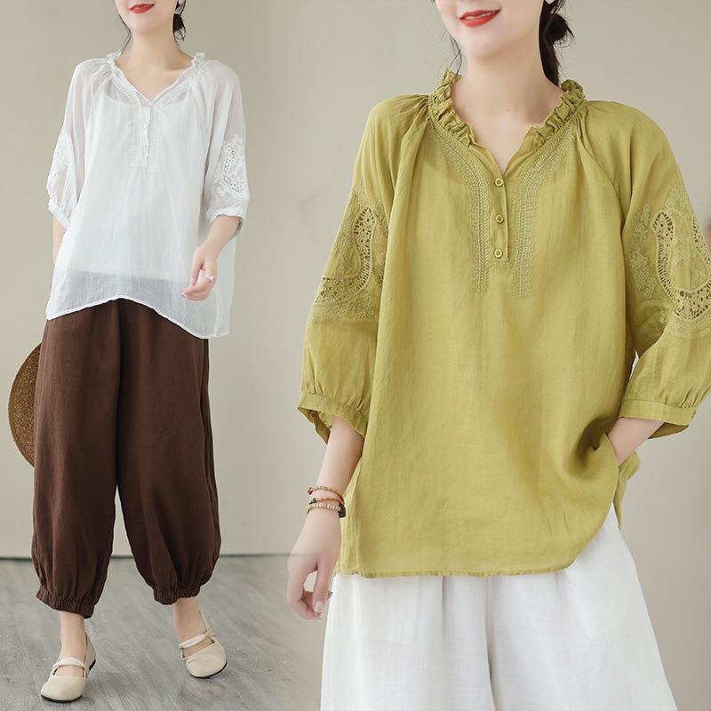 Real Shot Summer New Literary Loose Embroidery Flower Cotton and Linen V-neck Seven-quarter Sleeve T-shirt Women's Shirt Top