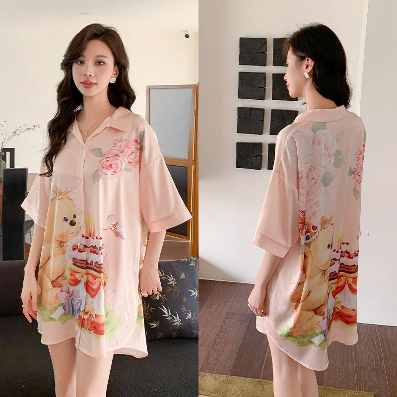 Ropa de Dormir Cómoda de Verano para Mujer Botones Delanteros Seda de Hielo Ropa para el Hogar Suelta Casual Estampada para Descansar