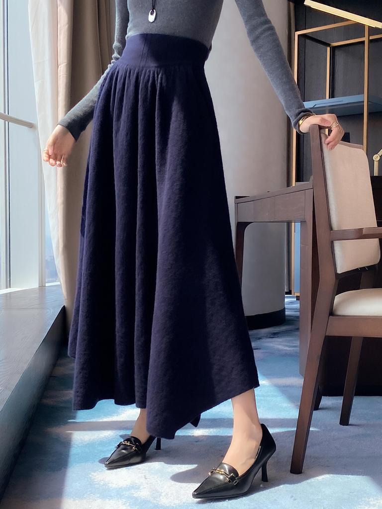 Elegant High-Waisted Wool Skirt Pants - Women's Wide-Leg, Solid Color, Knitted Trousers for Autumn & Winter