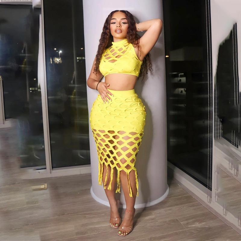 

Женский модный топ без рукавов с круглым вырезом и узкой юбкой А-силуэта, комплект из двух предметов L жёлтый