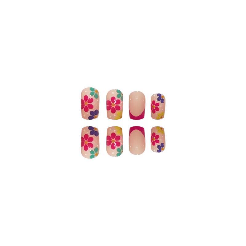 24pcs Press On Nails Spring Manicure Simple Chinese Square Shape Pure Desire Colorful Flowers Small Fresh Pink Transparent Manicure Wearable Patch