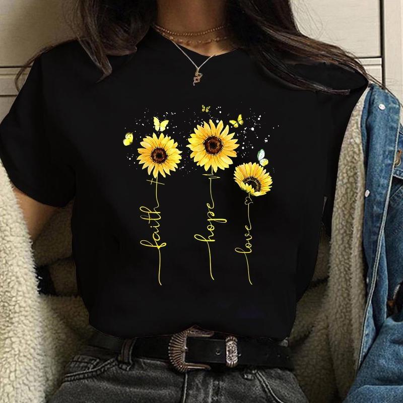 Women's New Fashion Hope Love Faith Sunflower Pattern Printed T-Shirt Women's Outdoor Street Cool Round Neck Short Sleeve Shirt