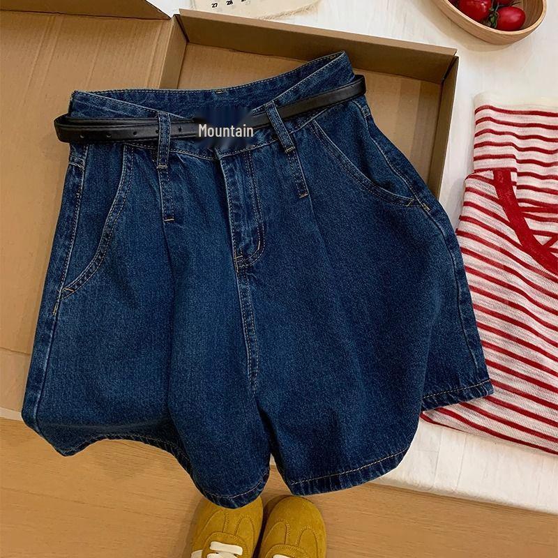 

Plus-Size High-Waist Wide-Leg Denim Shorts for Pear-Shaped Women - Summer Slimming Pleated A-Line Hot Pants M (Recommended 90-105 lbs)