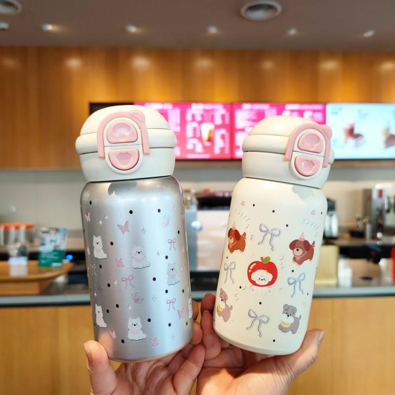 Cute Double-Lid Insulated Stainless Steel Water Bottle With Straw Women 500ml Vacuum Thermos 316 Inner 304 Outer