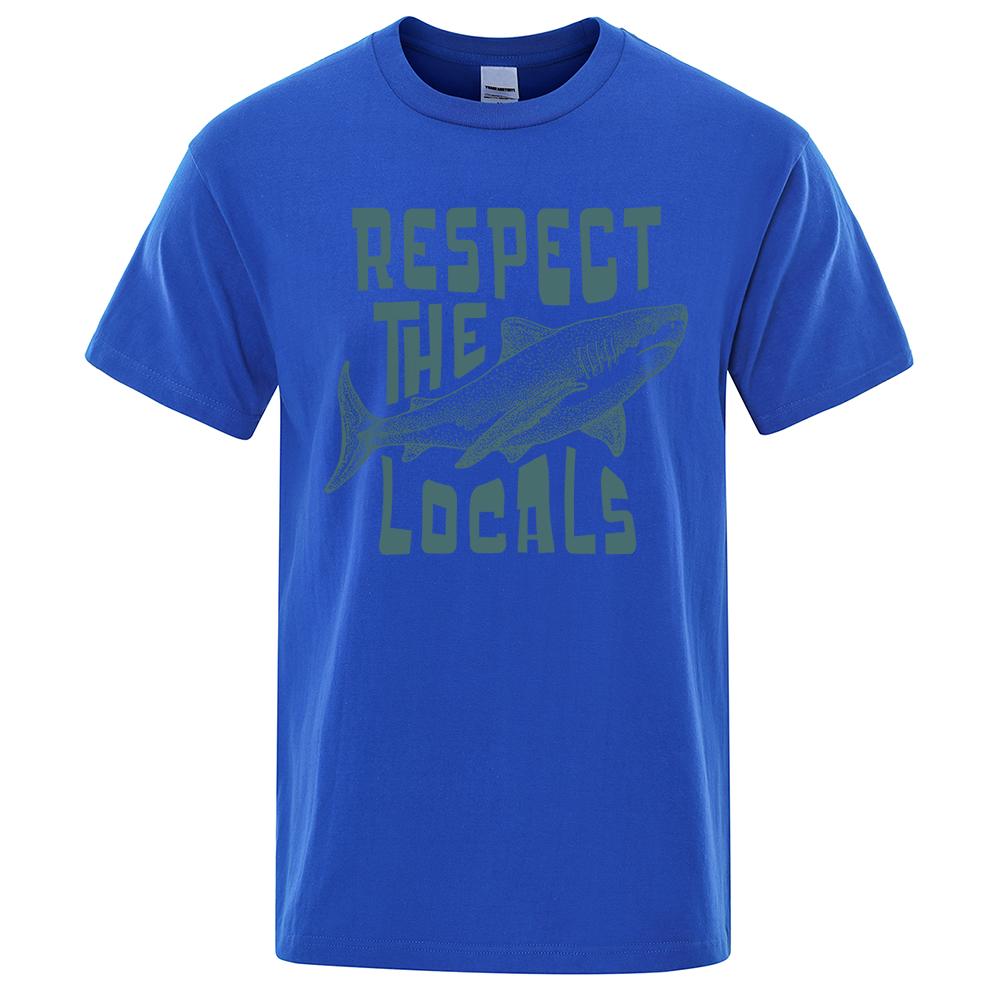 Respect The Locals Shark Personality Print Men T-Shirts Cotton Oversized Short Sleeve Shirt Loose T-Shirt Tops
