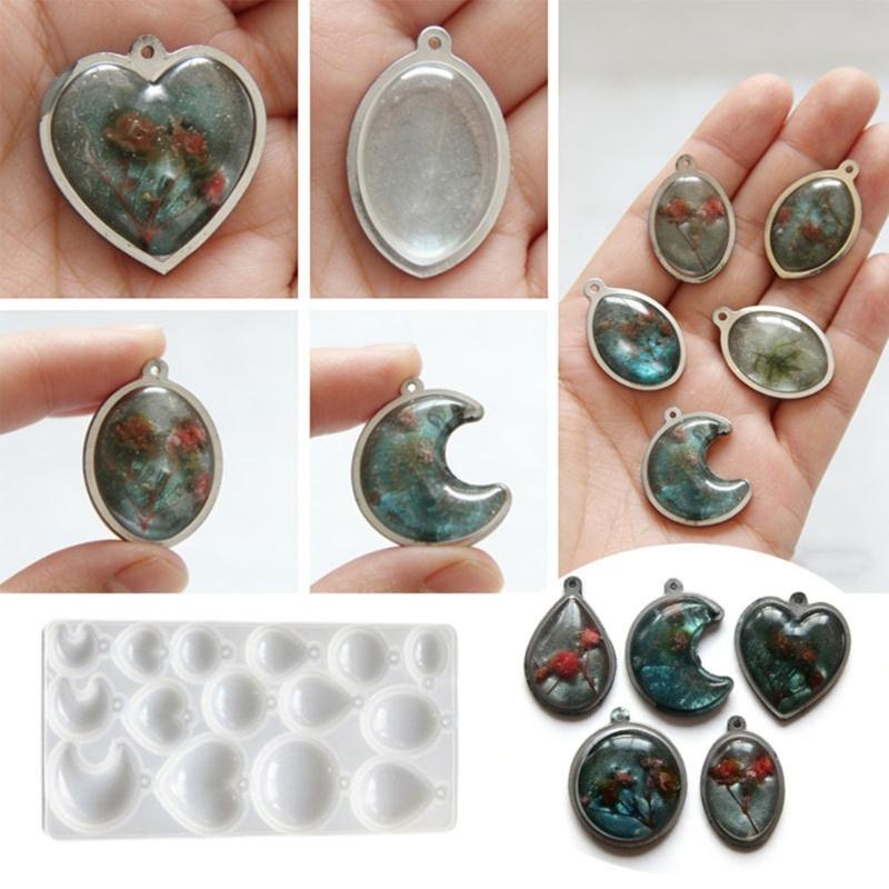 Heart Oval Moon Round Resin Pendant Silicone Molds with 15 Cavities For Handmade Resin Pendant Jewelry Crafting