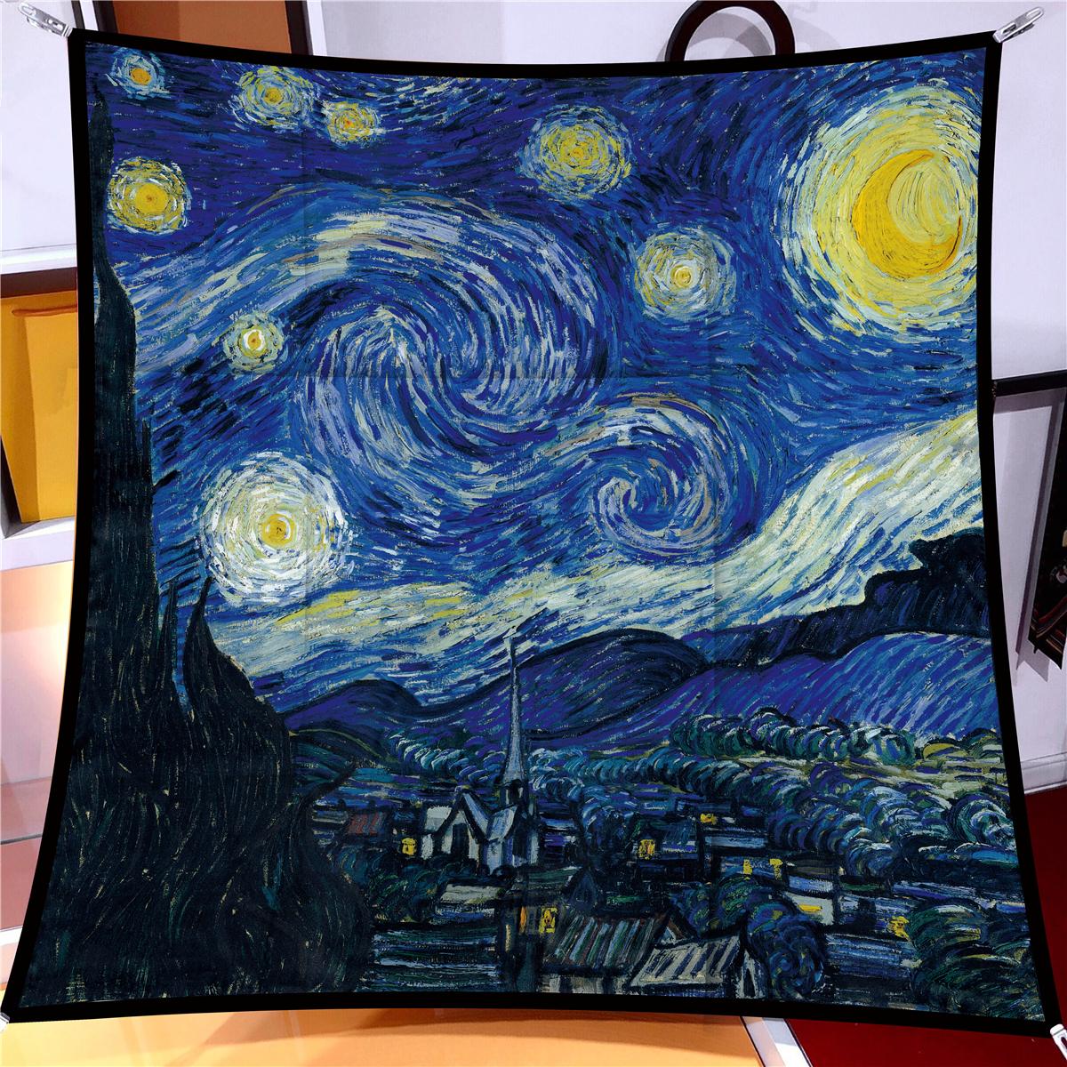 90cm Keper Zijden Sjaal Mode Sjaal Vierkante Sjaal Dames Hijab Bandana Foulard Hoofddoeken Van Gogh Olieverfschilderij blue