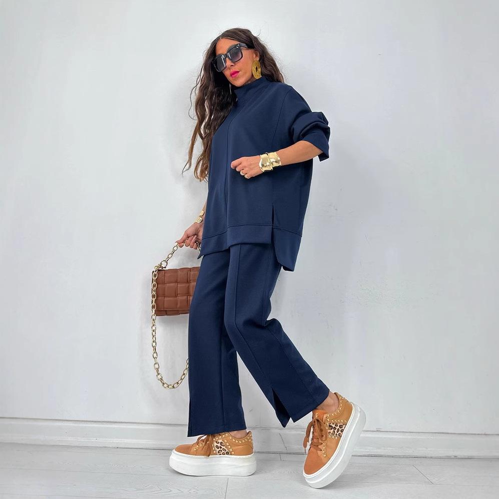 New Autumn and Winter Women's Fashion Casual Set, Solid Color Long-sleeved Shirt and Long Pants Split Two-piece Set