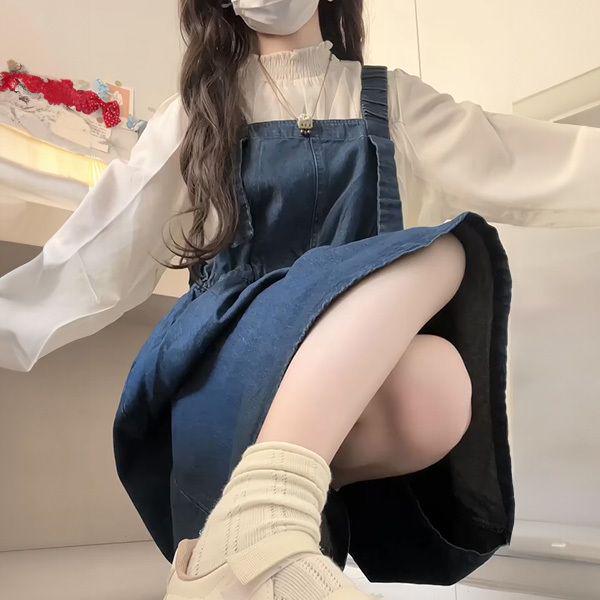 

Маленький преппи ретро джинсовый комбинезонное платье с рубашкой с рукавами-фонариками Small