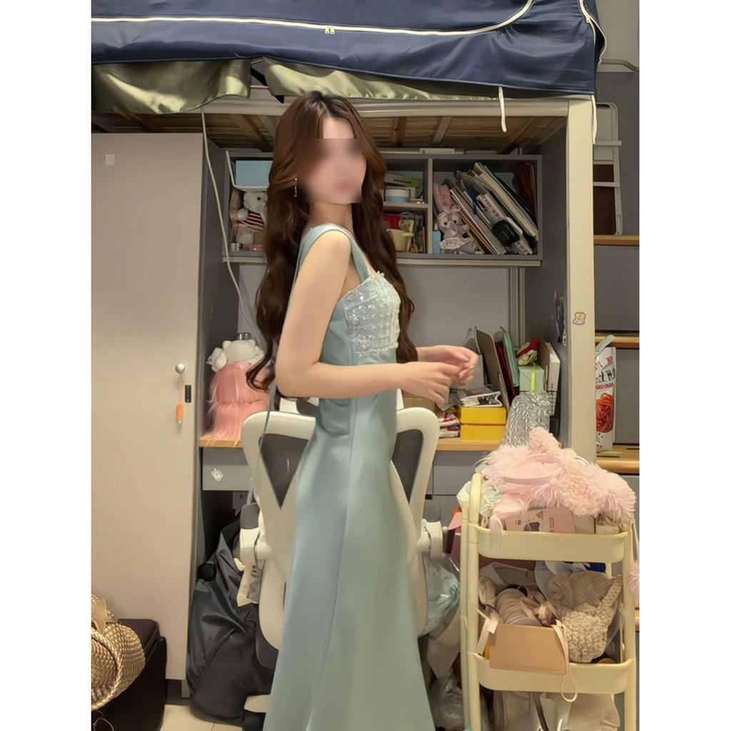 Important Occasion Beautiful Skirt Birthday Dress High-end Light Luxury Niche Unique Super Good-looking Blue Suspender Dress
