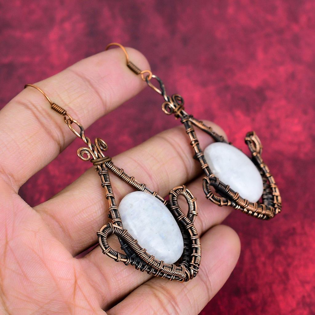Rainbow moonstone earring copper wire wrapped earring handmade copper jewelry natural gemstone earrings wire weaving jewelry gifts for women