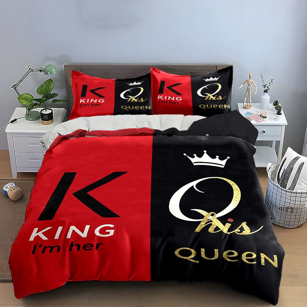 3-teiliges Königin/König Bettwäsche-Set Rot Schwarz Grau Gold Krone Bettbezug + 2 Kissenbezüge Bettwäsche-Set Für Heimdekoration Doppelbett Wäsche