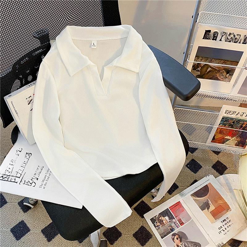 Jaro podzim Dámské triko s polo výstřihem Harajuku pevné slim triko s dlouhým rukávem nepravidelná krátká trička pro dámské crop topy Femme