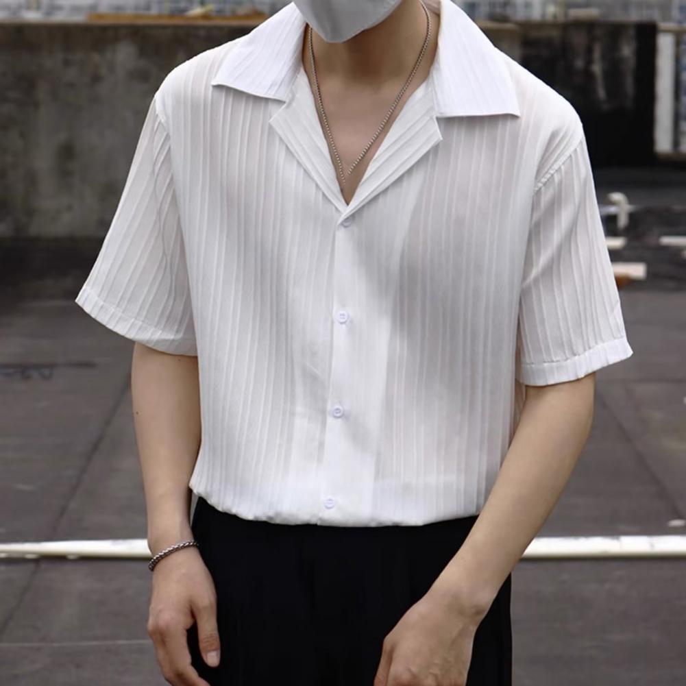 Spring Men Shirt Turn-down Collar Striped V Neck Loose Single-breasted Solid Color Baggy Loose Soft Breathable Short Sleeves Mal