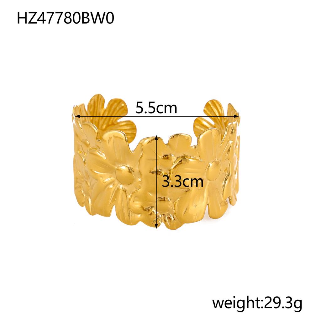 CARLIDANA Exaggerated Big Flower Personalized Hollow Out Leaf Open Wide Bangle Stainless Steel Non Tarnish Cuff Bracelet Women
