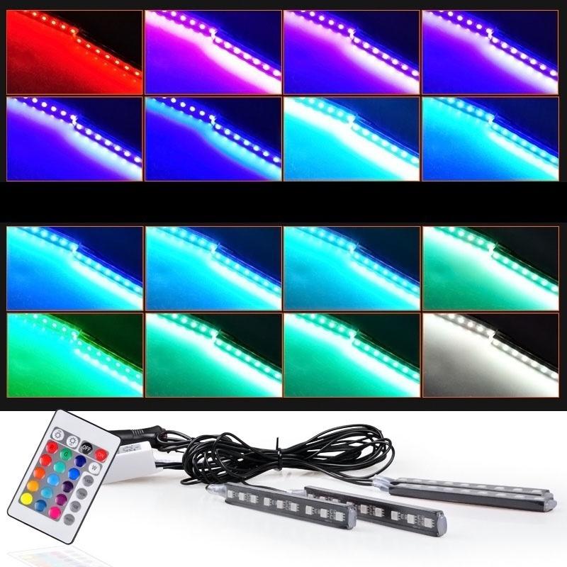 4Pcs 9LEDs Strip Light Wireless Remote/Voice Control Car RGB LED Neon Interior Lamp Decorative Lights