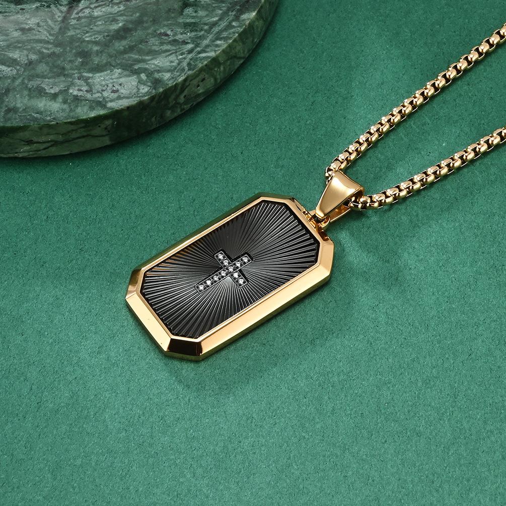 Octagonal Cut Folding Fan Texture Two-color Electroplated Hanging Necklace Pendant Titanium Steel Trendy Male Domineering Hip-hop Fashion Jewelry
