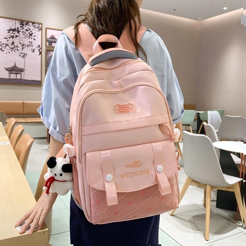 Color Blocked Letter Embroidery Student Backpack With Plush Pendant For Daily Use