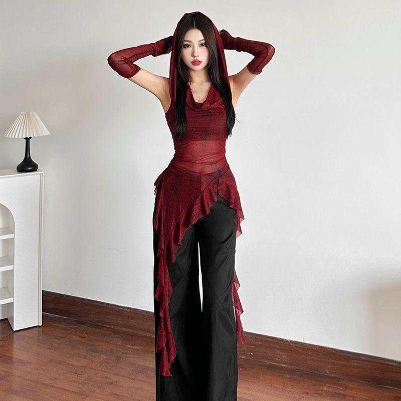 2025 Halloween Red Cowl Neck Hooded Ruffle T-shirt for Women