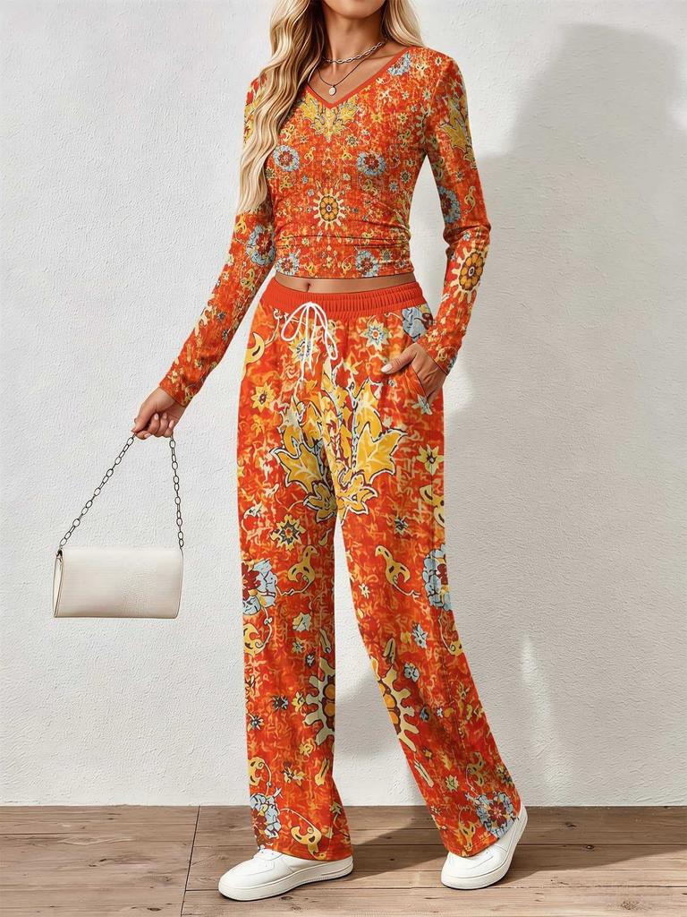 Spring and Autumn Ladies V-Neck Long Sleeve Pants Set Comfortable Casual Versatile Slim Two-piece Set