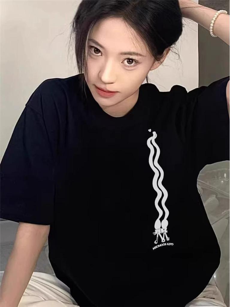 Women's Plus Size Pure Cotton Short Sleeve T-Shirt, 2025 Summer Collection, Straight Shoulder, American High Street Style, Loose Fit Top.