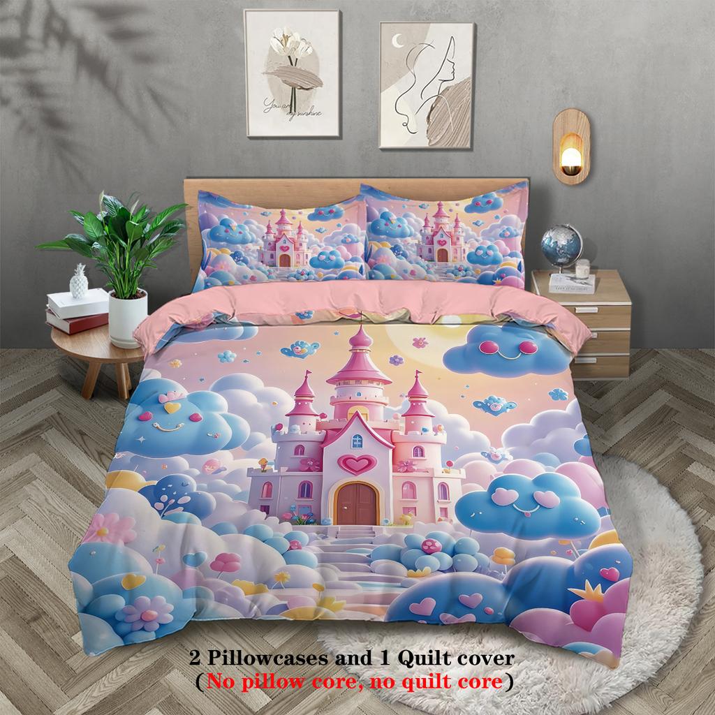 3pcs Pink Castle in The Sky Pattern Print Duvet Cover Set, Soft,comfortable and Breathable,for Bedroom,Hotel,Best Gift for Girls