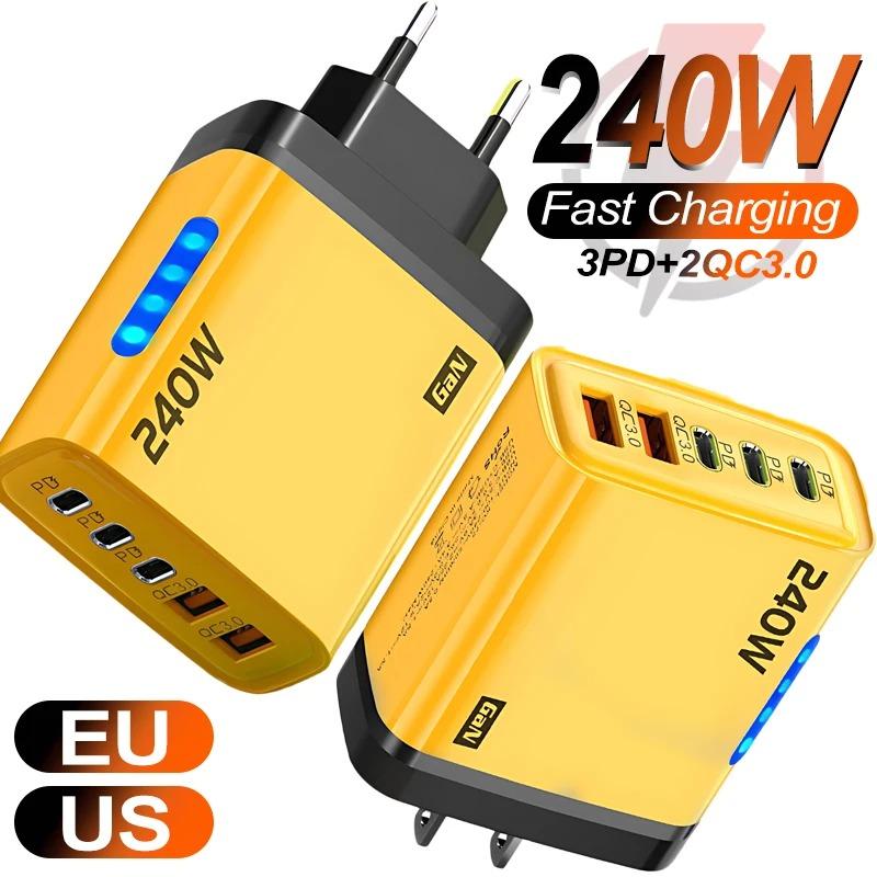 240W 5 Ports USB C PD Charger Quick Charge 3.0 Fast Charging Adapter Type C USB Phone Chargers For iPhone 16 15 Samsung Xiaomi Huawei