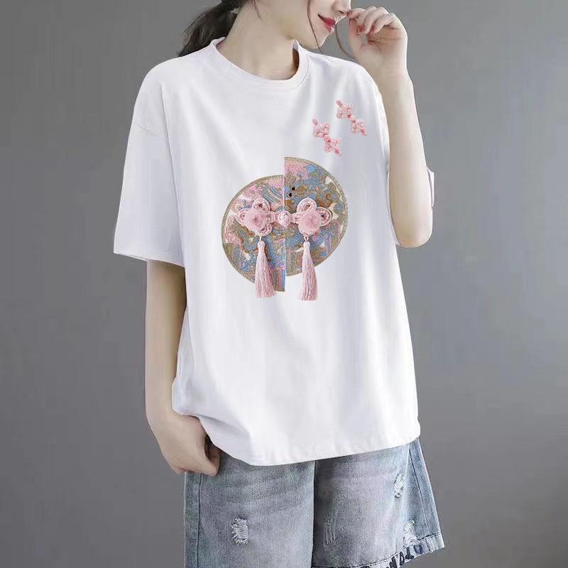 

Short sleeved printed T-shirt for women, loose fitting, stomach covering, fashionable and versatile top 5XL