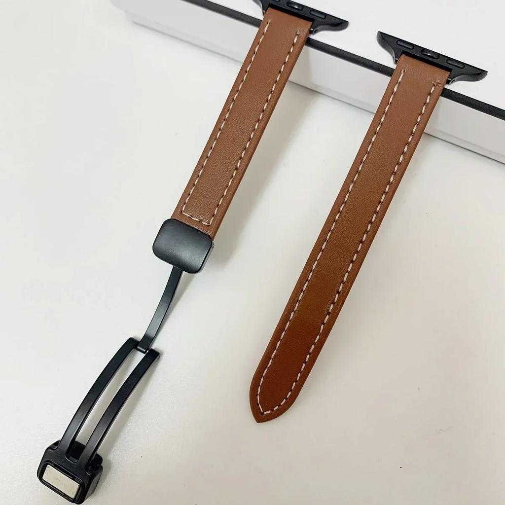Magnetic Buckle Strap For Apple Watch 10 42/46mm SE 44 40mm 9 8 7 41 45mm Folding Slim Leather Bracelet iWatch Series 10 8 7 6 5