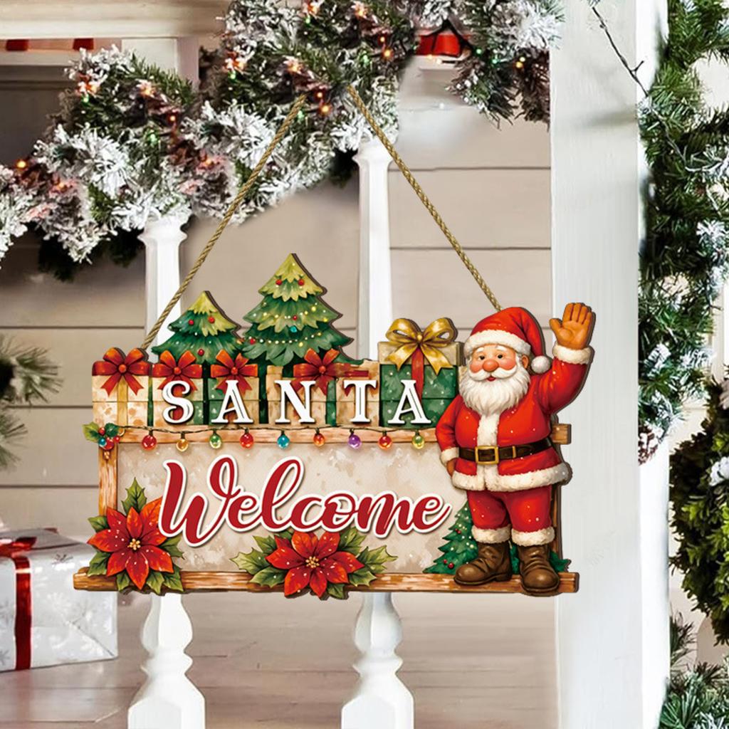 Christmas Door Hanging Wooden Christmas American Welcome Doorplate Wreath Pendant Hanging Decoration Sign Wall Decoration
