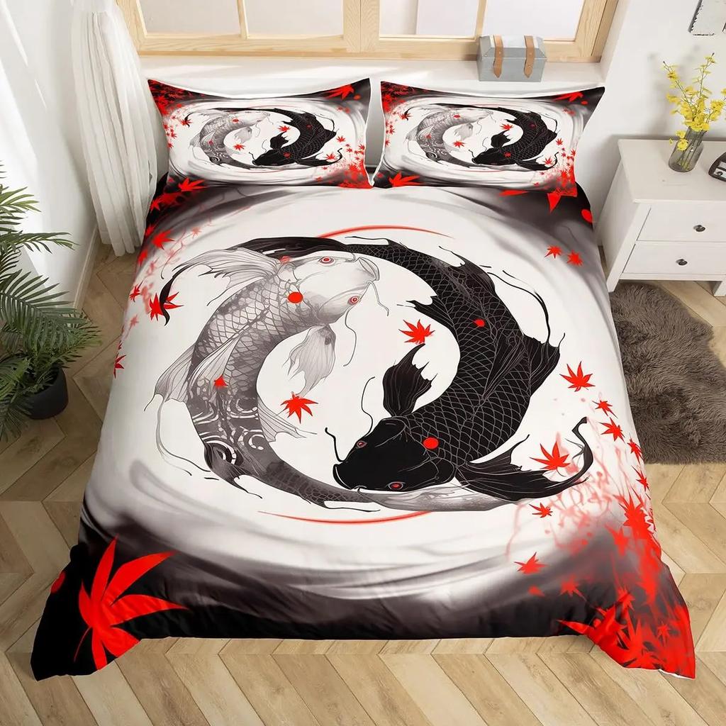 Japanese Goldfish Duvet Cover Set Fantasy Yin Yang Cherry Blossom Flowers Comforter Cover Set Blue Sea Wave Breathable Bedding