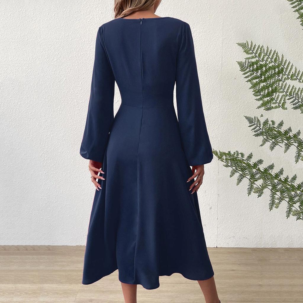 Women's Fashion Casual Solid Color V-neck Twisted Long-sleeve Dress