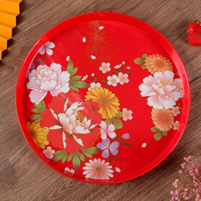 Ru Han Red Chinese Style Round Plastic Serving Tray