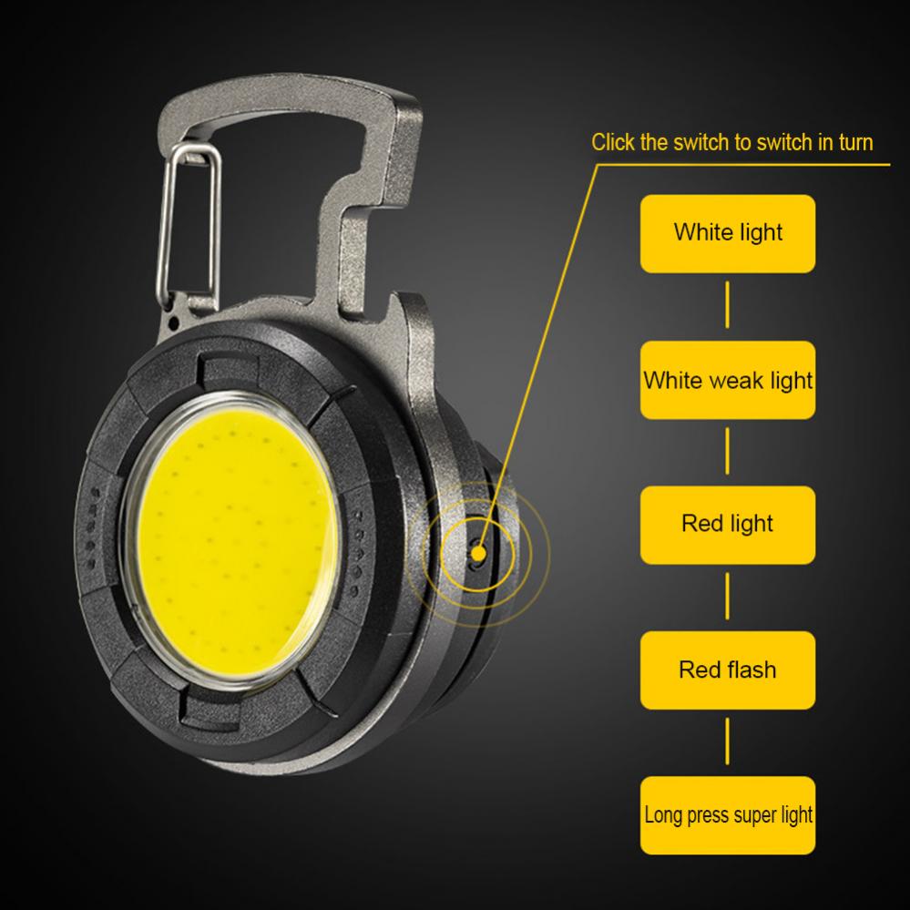 Mini Keychain Flashlight Rechargeable Work Light Portable Travel Torch Pocket Flash Light with Folding Bracket Bottle Opener