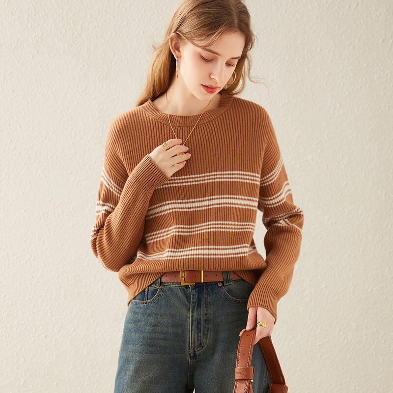 

TUHUANG Women s Thickened 100% Wool Color Block Round Neck Sweater L