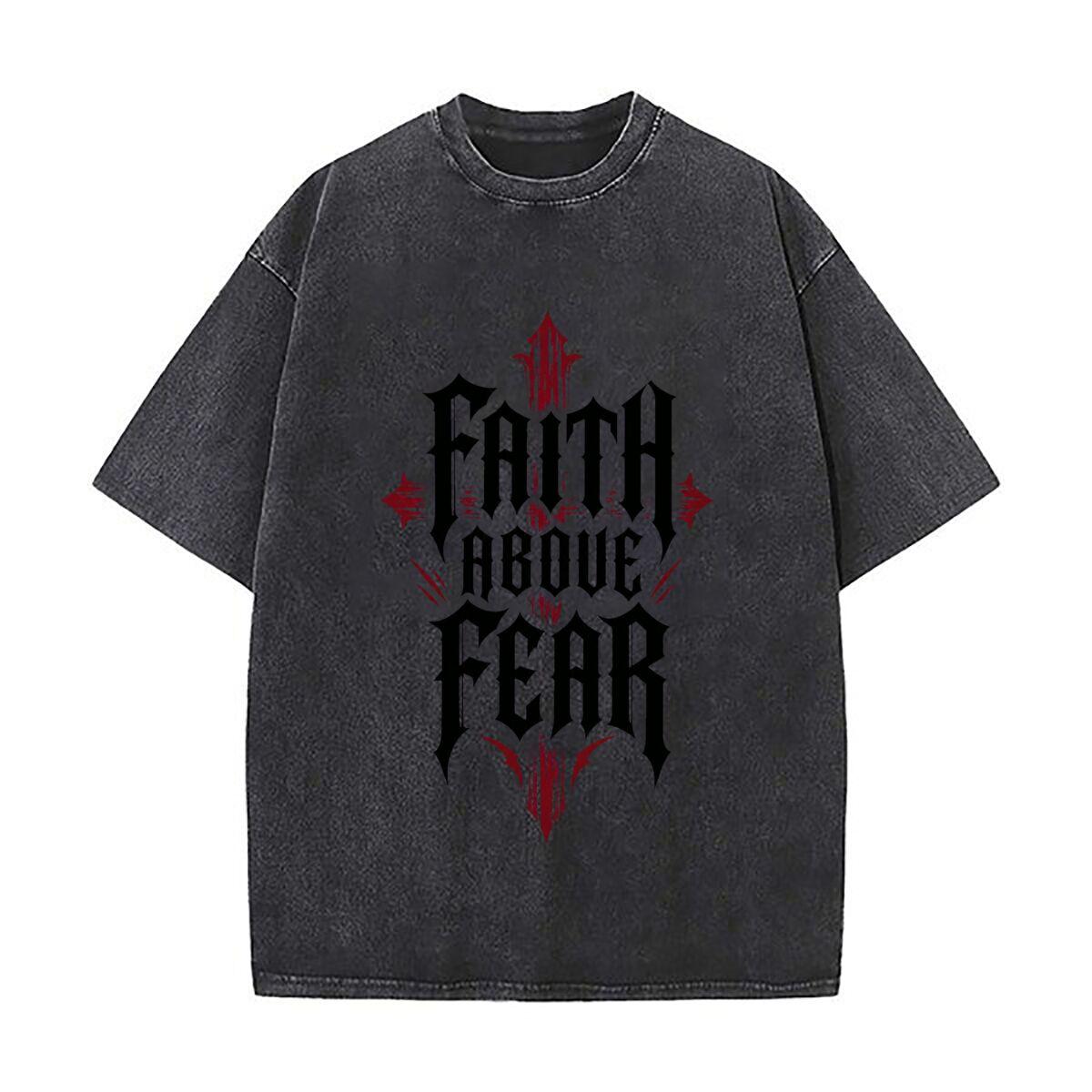 Faith Above Fear Cross Lettering Retro Washed Distressed T Shirt Men Summer Casual Short Sleeve S