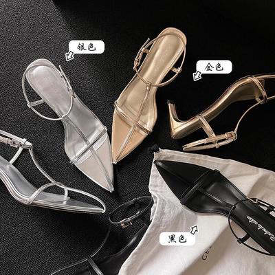 Pointed Thick Heel Thin Strap Sandals 2025 Summer New Cowhide Pointed T-buckle Sexy Lady Style High Heels Women