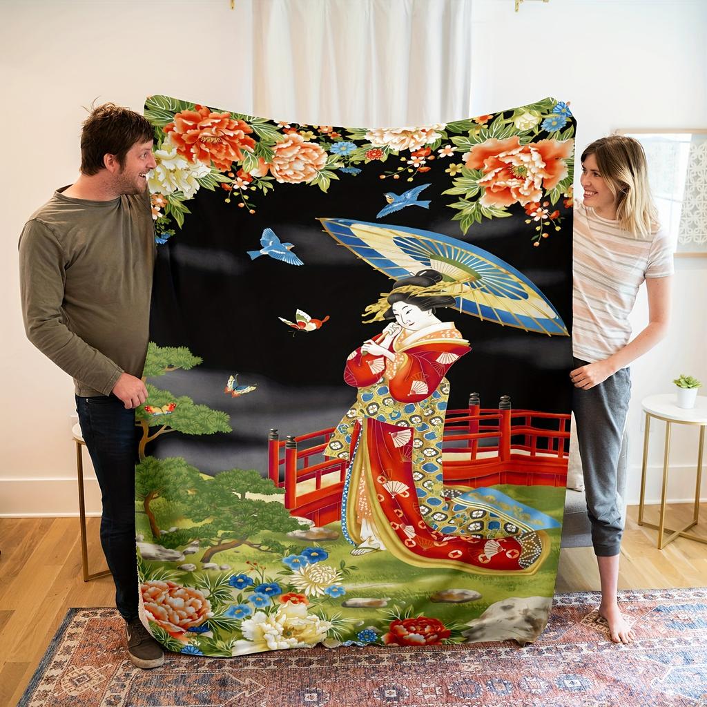 Series of Japanese Geishas Digital-printed Polyester Bedroom Velvet Flannel Cover Blanket Fleece Soft Cover Blankets for Beds